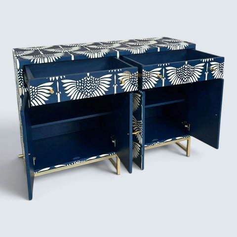 Bone Inlay Swan Design 2 Drawers & 4 Doors Buffet Table Indigo Blue