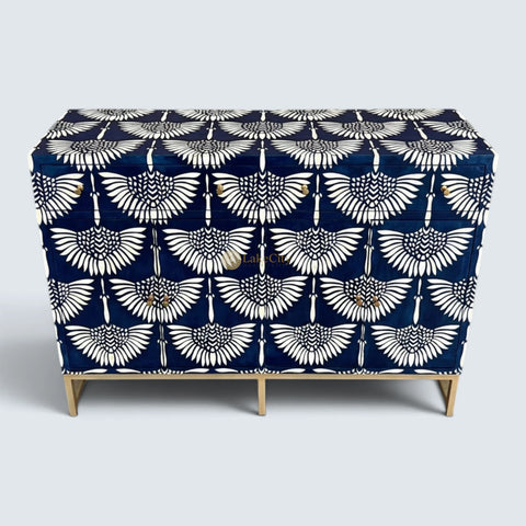 Bone Inlay Swan Design 2 Drawers & 4 Doors Buffet Table Indigo Blue