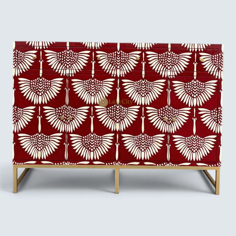 Bone Inlay Swan Design 2 Drawers & 4 Doors Buffet Table Red