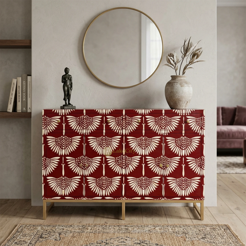 Bone Inlay Swan Design 2 Drawers & 4 Doors Buffet Table Red