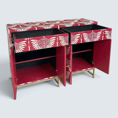 Bone Inlay Swan Design 2 Drawers & 4 Doors Buffet Table Red