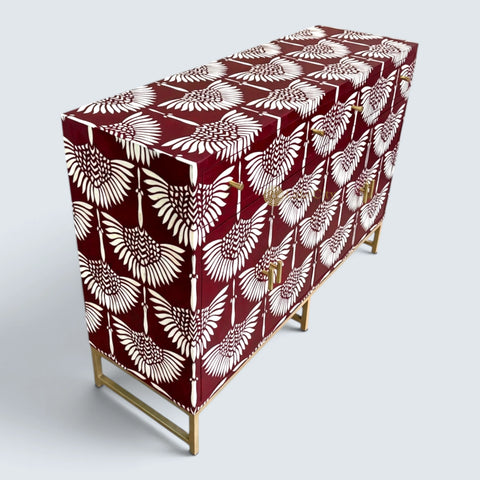 Bone Inlay Swan Design 2 Drawers & 4 Doors Buffet Table Red