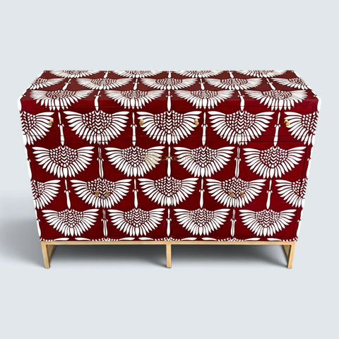 Bone Inlay Swan Design 2 Drawers & 4 Doors Buffet Table Red