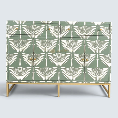 Bone Inlay Swan Design 2 Drawers & 4 Doors Buffet Table Slate Green