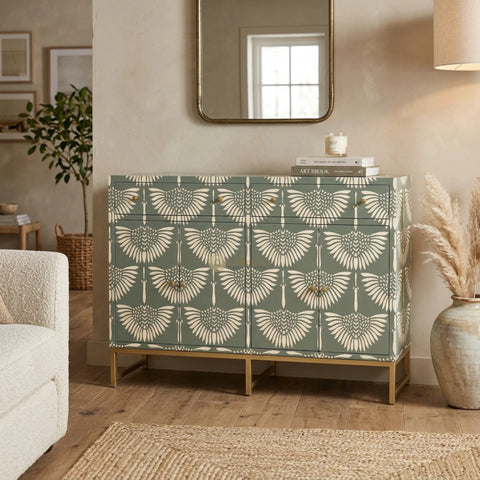 Bone Inlay Swan Design 2 Drawers & 4 Doors Buffet Table Slate Green