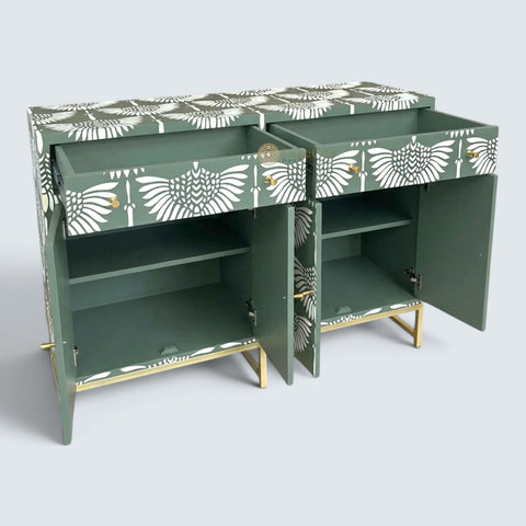 Bone Inlay Swan Design 2 Drawers & 4 Doors Buffet Table Slate Green