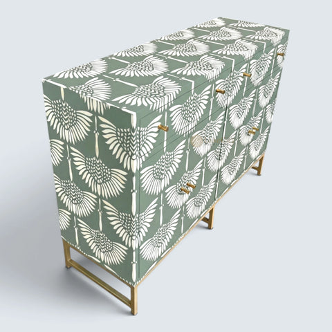 Bone Inlay Swan Design 2 Drawers & 4 Doors Buffet Table Slate Green