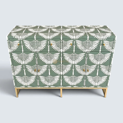 Bone Inlay Swan Design 2 Drawers & 4 Doors Buffet Table Slate Green