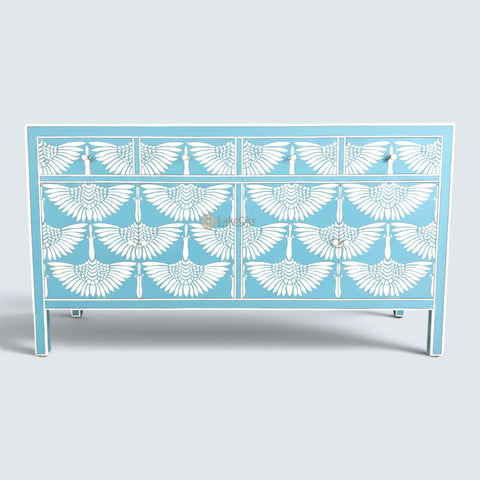 Bone Inlay Swan Design 4 Drawers & 4 Doors Sideboard Blue