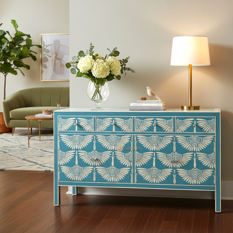 Bone Inlay Swan Design 4 Drawers & 4 Doors Sideboard Blue