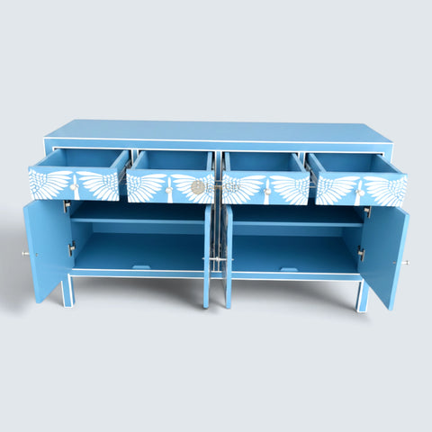 Bone Inlay Swan Design 4 Drawers & 4 Doors Sideboard Blue