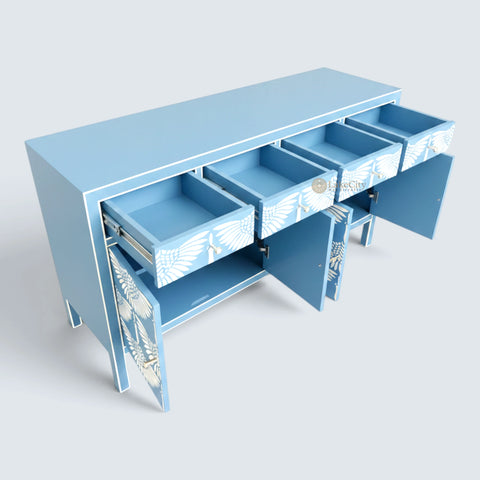 Bone Inlay Swan Design 4 Drawers & 4 Doors Sideboard Blue
