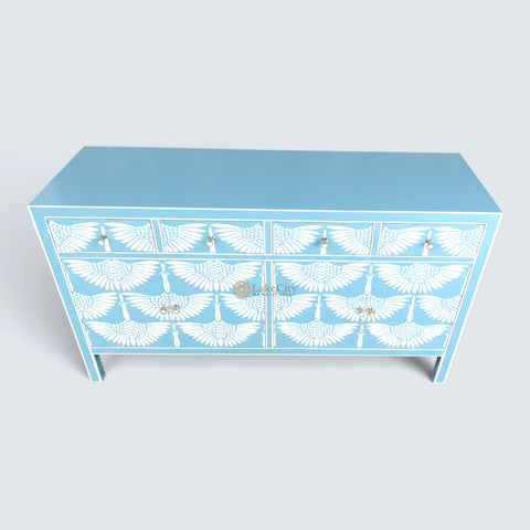 Bone Inlay Swan Design 4 Drawers & 4 Doors Sideboard Blue
