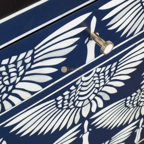 Bone Inlay Swan Design 4 Drawers & 4 Doors Sideboard Indigo Blue