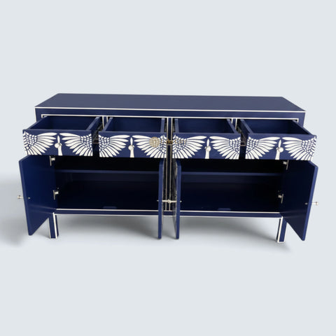 Bone Inlay Swan Design 4 Drawers & 4 Doors Sideboard Indigo Blue