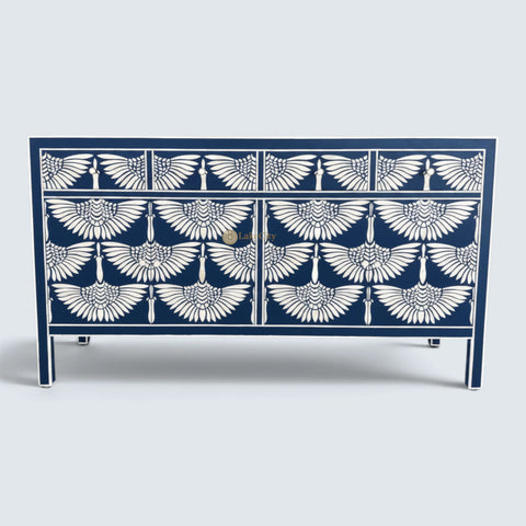 Bone Inlay Swan Design 4 Drawers & 4 Doors Sideboard Indigo Blue