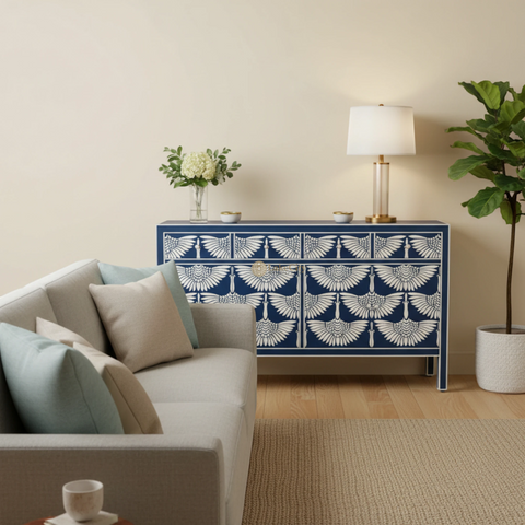 Bone Inlay Swan Design 4 Drawers & 4 Doors Sideboard Indigo Blue