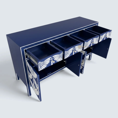 Bone Inlay Swan Design 4 Drawers & 4 Doors Sideboard Indigo Blue