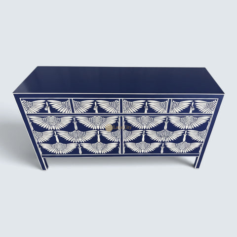 Bone Inlay Swan Design 4 Drawers & 4 Doors Sideboard Indigo Blue