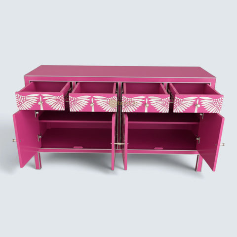 Bone Inlay Swan Design 4 Drawers & 4 Doors Sideboard Pink