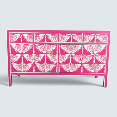 Bone Inlay Swan Design 4 Drawers & 4 Doors Sideboard Pink