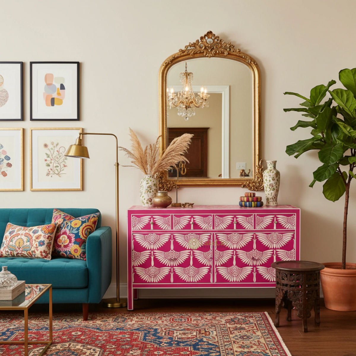 Bone Inlay Swan Design 4 Drawers & 4 Doors Sideboard Pink