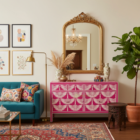 Bone Inlay Swan Design 4 Drawers & 4 Doors Sideboard Pink