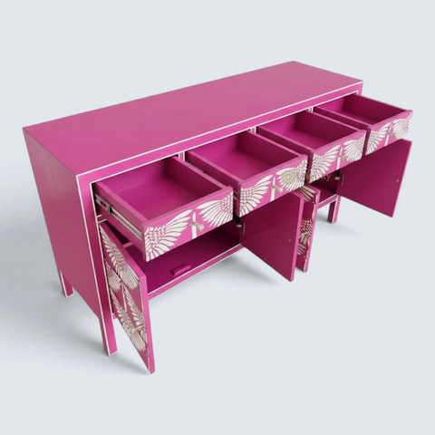 Bone Inlay Swan Design 4 Drawers & 4 Doors Sideboard Pink