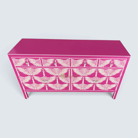 Bone Inlay Swan Design 4 Drawers & 4 Doors Sideboard Pink