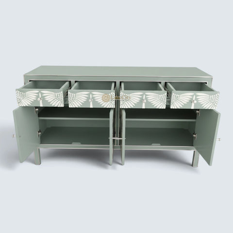 Bone Inlay Swan Design 4 Drawers & 4 Doors Sideboard Slate Green