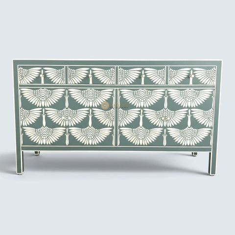 Bone Inlay Swan Design 4 Drawers & 4 Doors Sideboard Slate Green
