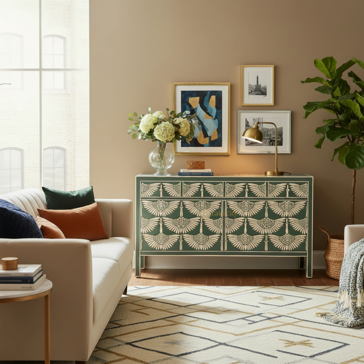 Bone Inlay Swan Design 4 Drawers & 4 Doors Sideboard Slate Green
