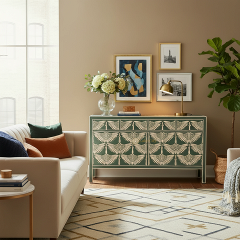 Bone Inlay Swan Design 4 Drawers & 4 Doors Sideboard Slate Green