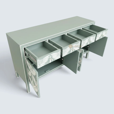 Bone Inlay Swan Design 4 Drawers & 4 Doors Sideboard Slate Green