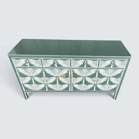 Bone Inlay Swan Design 4 Drawers & 4 Doors Sideboard Slate Green