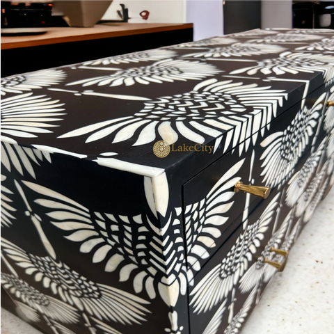 Bone Inlay Swan Design 2 Drawers & 4 Doors Buffet Table Black