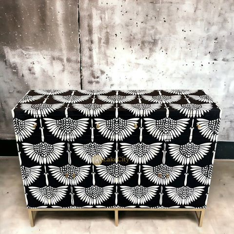 Bone Inlay Swan Design 2 Drawers & 4 Doors Buffet Table Black