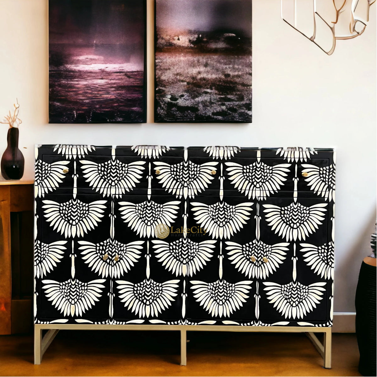 Bone Inlay Swan Design 2 Drawers & 4 Doors Buffet Table Black