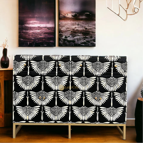 Bone Inlay Swan Design 2 Drawers & 4 Doors Buffet Table Black