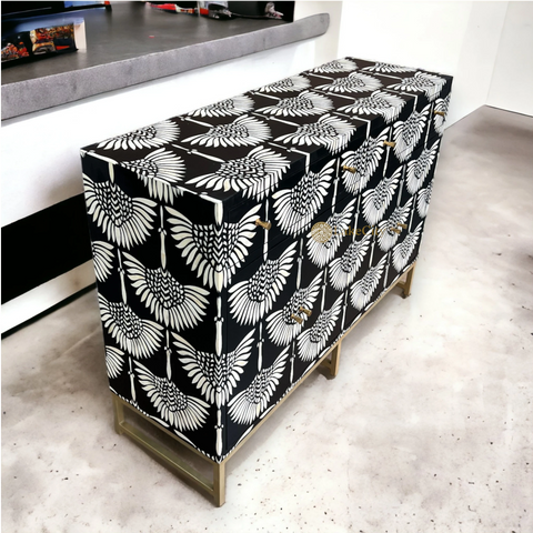 Bone Inlay Swan Design 2 Drawers & 4 Doors Buffet Table Black