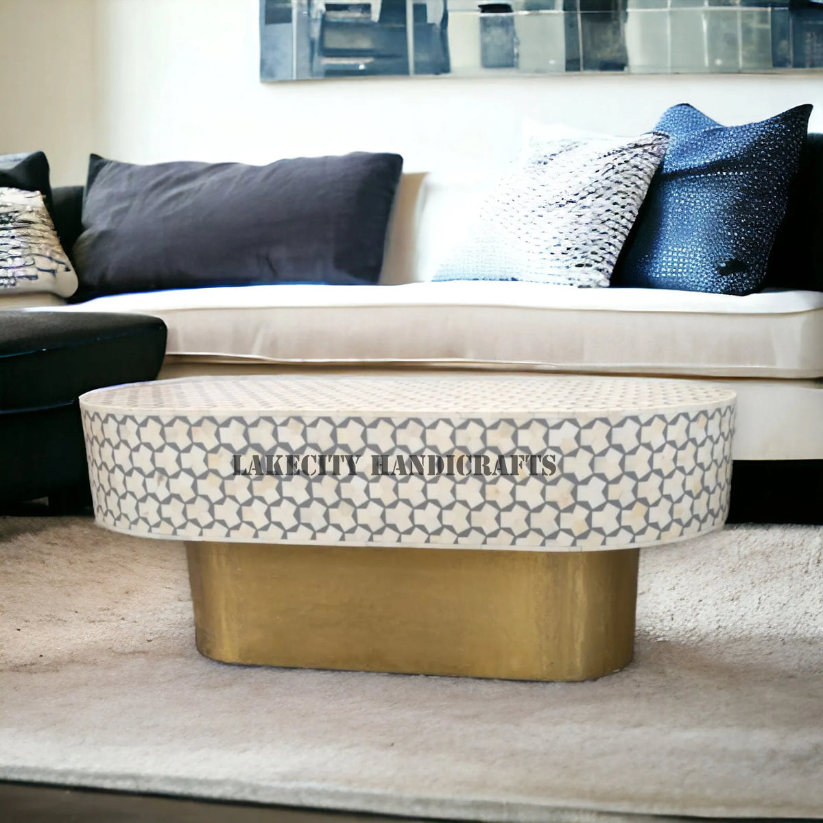 Bone Inlay Targua Design Oval Shape Coffee Table Grey | Bone Inlay Targua Design Oval Shape Center Table Grey