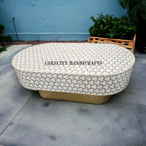 Bone Inlay Targua Design Oval Shape Coffee Table Grey | Bone Inlay Targua Design Oval Shape Center Table Grey