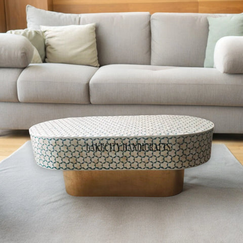 Bone Inlay Targua Design Oval Shape Coffee Table Teal Green | Bone Inlay Targua Design Oval Shape Center Table Teal Green