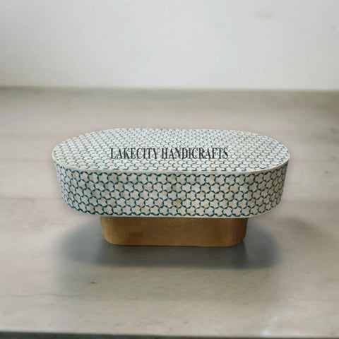 Bone Inlay Targua Design Oval Shape Coffee Table Teal Green | Bone Inlay Targua Design Oval Shape Center Table Teal Green