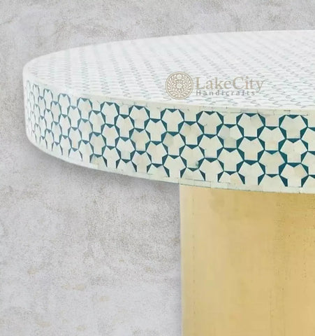 Bone Inlay Targua Design Round Dining Table Teal Green