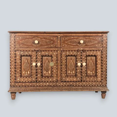 Bone Inlay Teakwood 2 Drawers & 4 Doors Buffet Table Brown