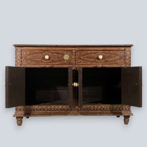 Bone Inlay Teakwood 2 Drawers & 4 Doors Buffet Table Brown