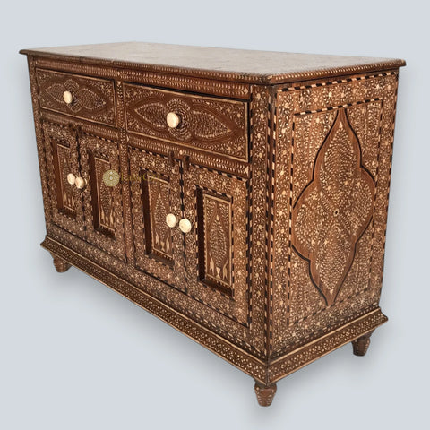 Bone Inlay Teakwood 2 Drawers & 4 Doors Buffet Table Brown