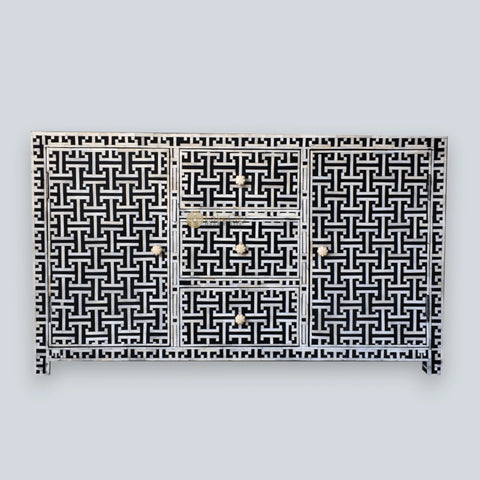 Buffet 3 tiroirs et 2 portes avec incrustations d'os Tic Tac Design, noir