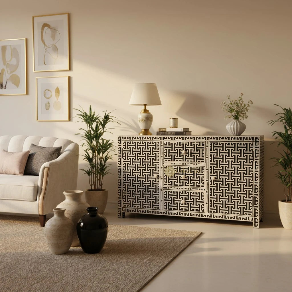 Buffet 3 tiroirs et 2 portes avec incrustations d'os Tic Tac Design, noir